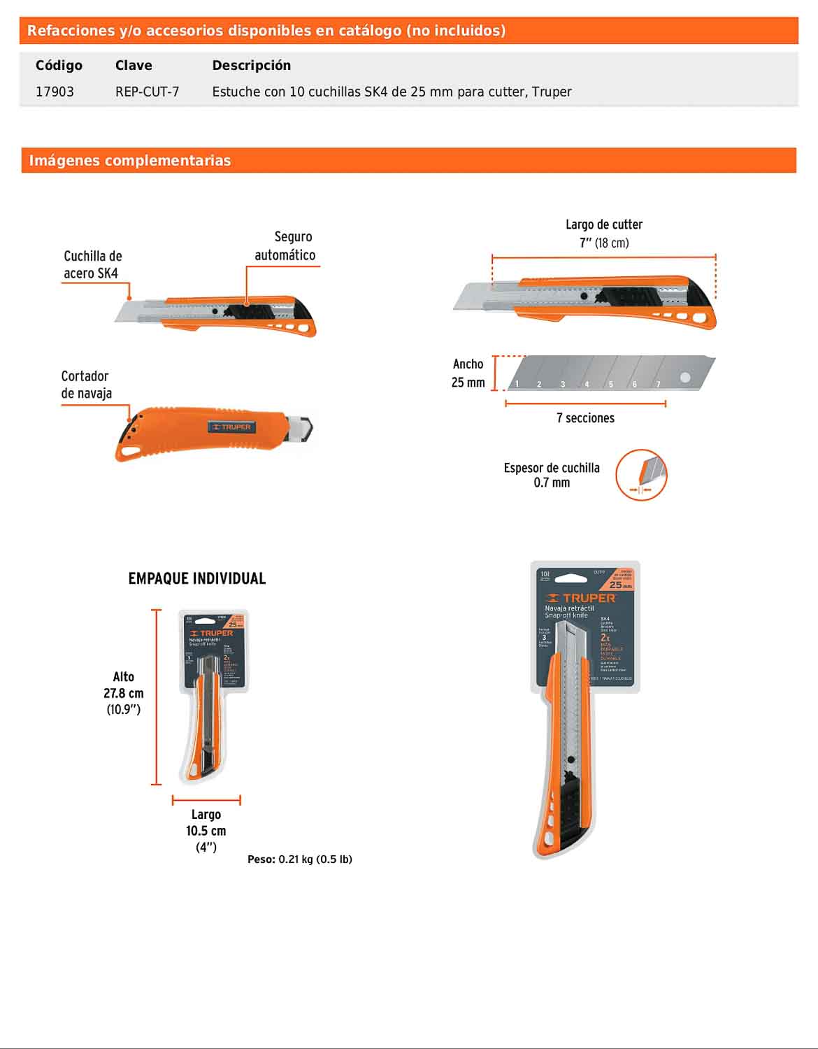 Cutter reforzado de 25 mm de plástico con alma metálica
