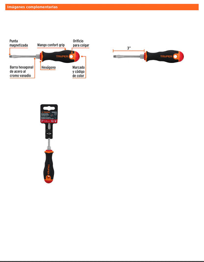 Desarmador plano de 3/16 con barra de 7.6 cm y mango Comfort Grip