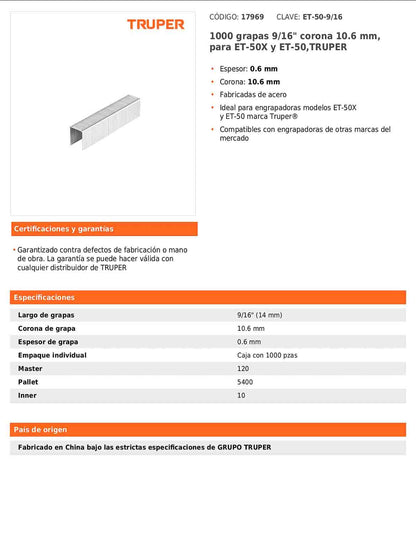 Grapas de 9/16 pulgadas con corona de 10.6 mm para engrapadoras tipo pistola