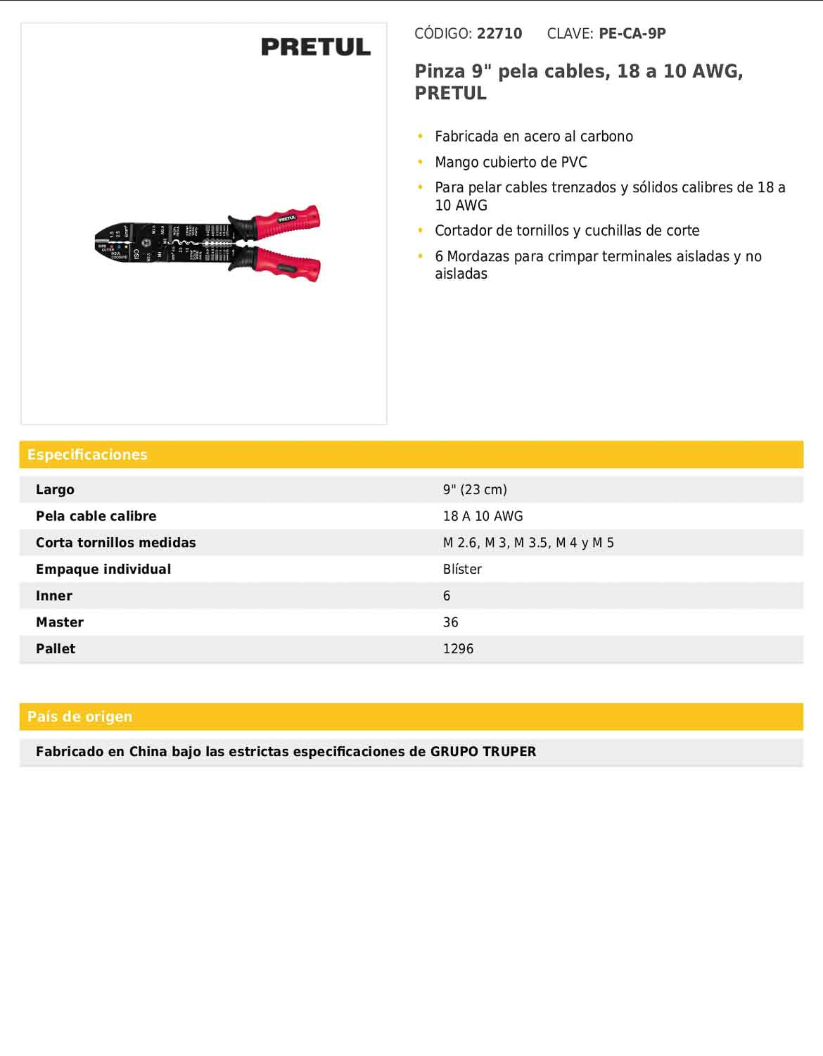 Pinza para pelar cables de 9 pulgadas para cable calibre 18 a 10 AWG con función de crimpado
