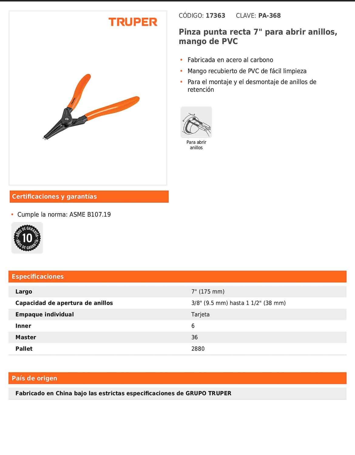 Pinza de punta recta de 7 pulgadas para abrir anillos con mango de PVC
