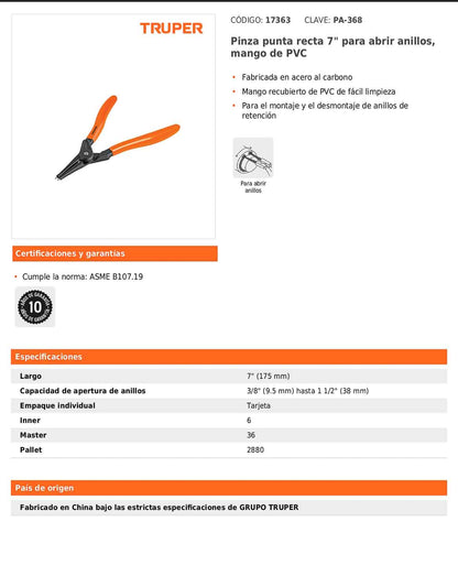 Pinza de punta recta de 7 pulgadas para abrir anillos con mango de PVC