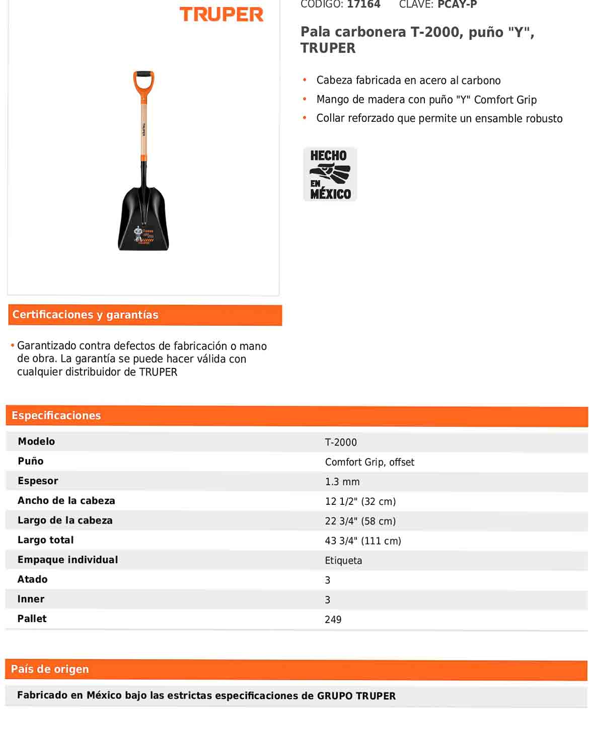 Pala carbonera T-2000 con puño Y