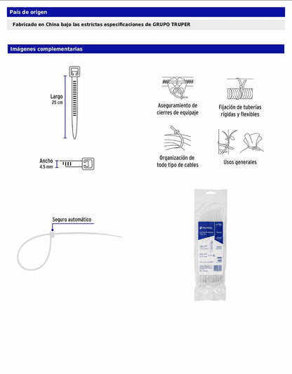 Bolsa con 50 cinchos plásticos 50 lb 250 x 4.5 mm natural