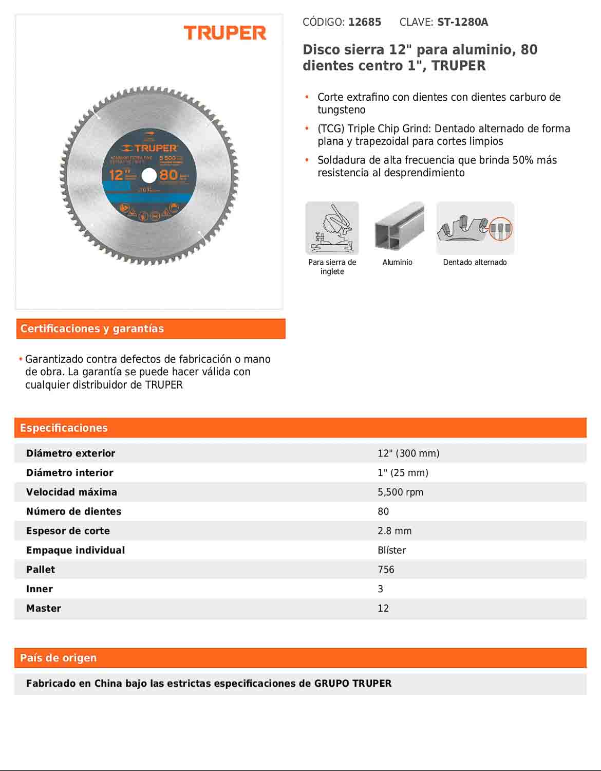 Disco sierra para aluminio de 12 pulgadas con 80 dientes y centro de 1 pulgada