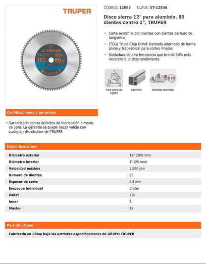 Disco sierra para aluminio de 12 pulgadas con 80 dientes y centro de 1 pulgada