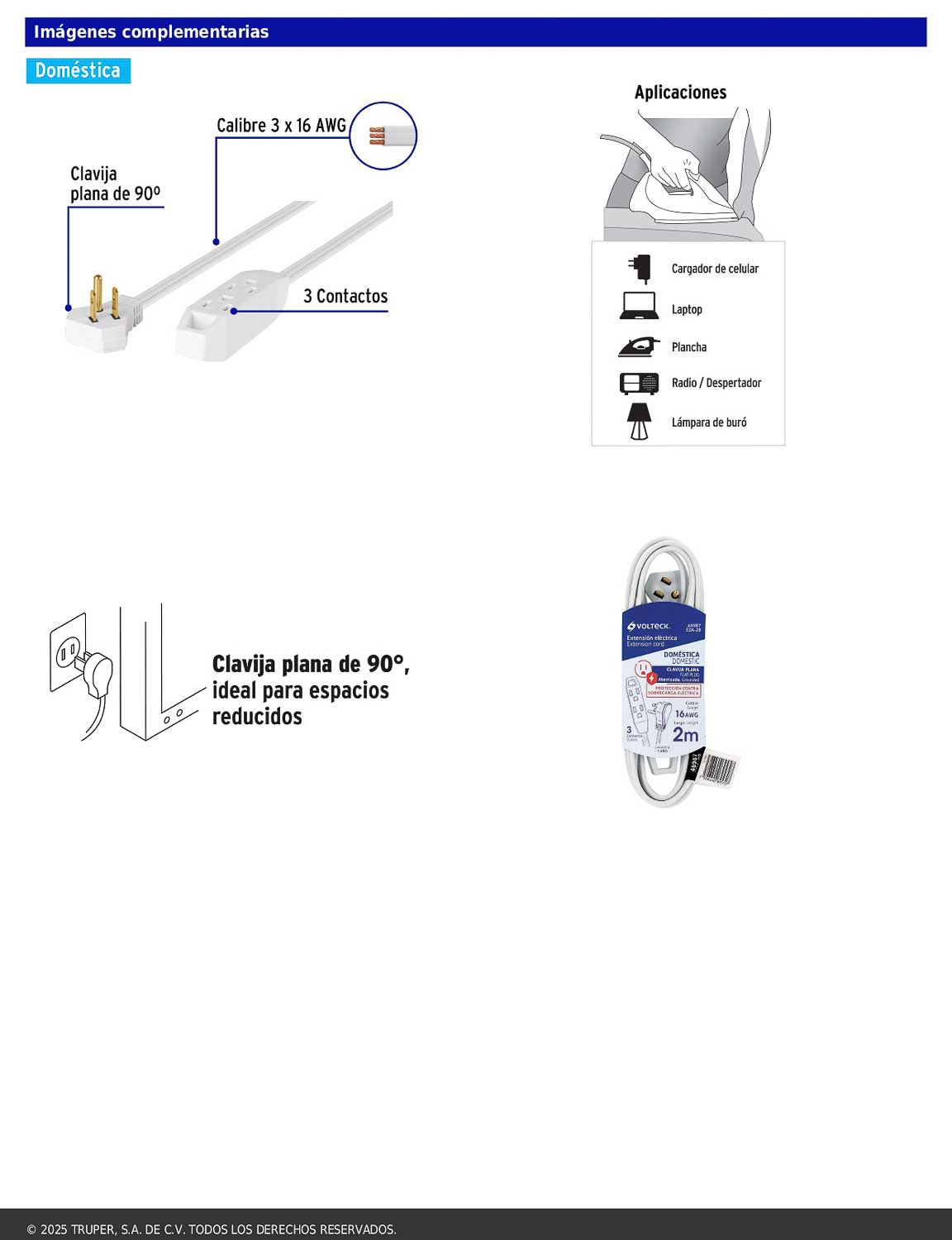 Extensión doméstica aterrizada de 2 m con clavija plana blanca