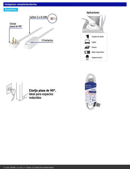 Extensión doméstica aterrizada de 2 m con clavija plana blanca