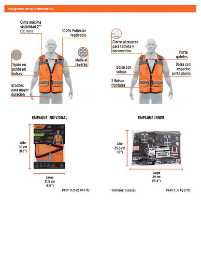 Chaleco seguridad reforzado naranja con bolsas M