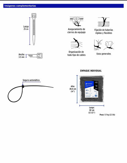 Bolsa con 1000 cinchos plásticos 40 lb 250 x 3.5 mm negro