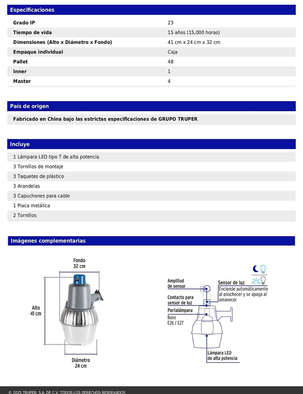 Luminario suburbano con foco LED de 40 W y sensor de luz