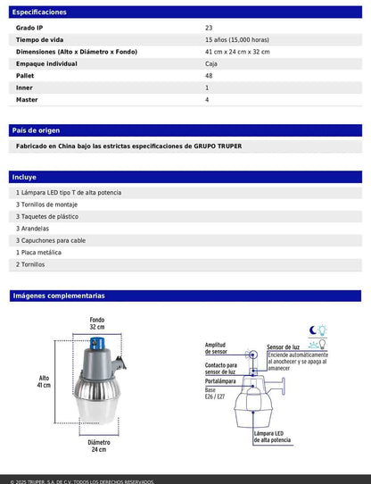 Luminario suburbano con foco LED de 40 W y sensor de luz