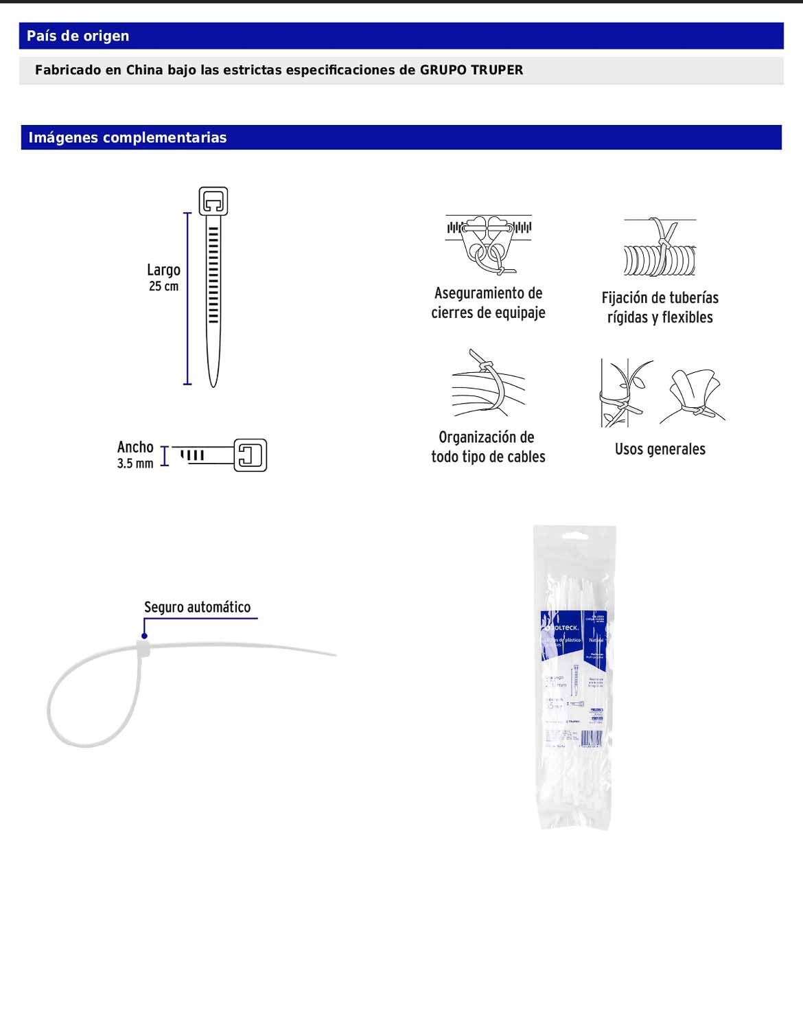 Bolsa con 50 cinchos plásticos 40 lb 250 x 3.5 mm natural