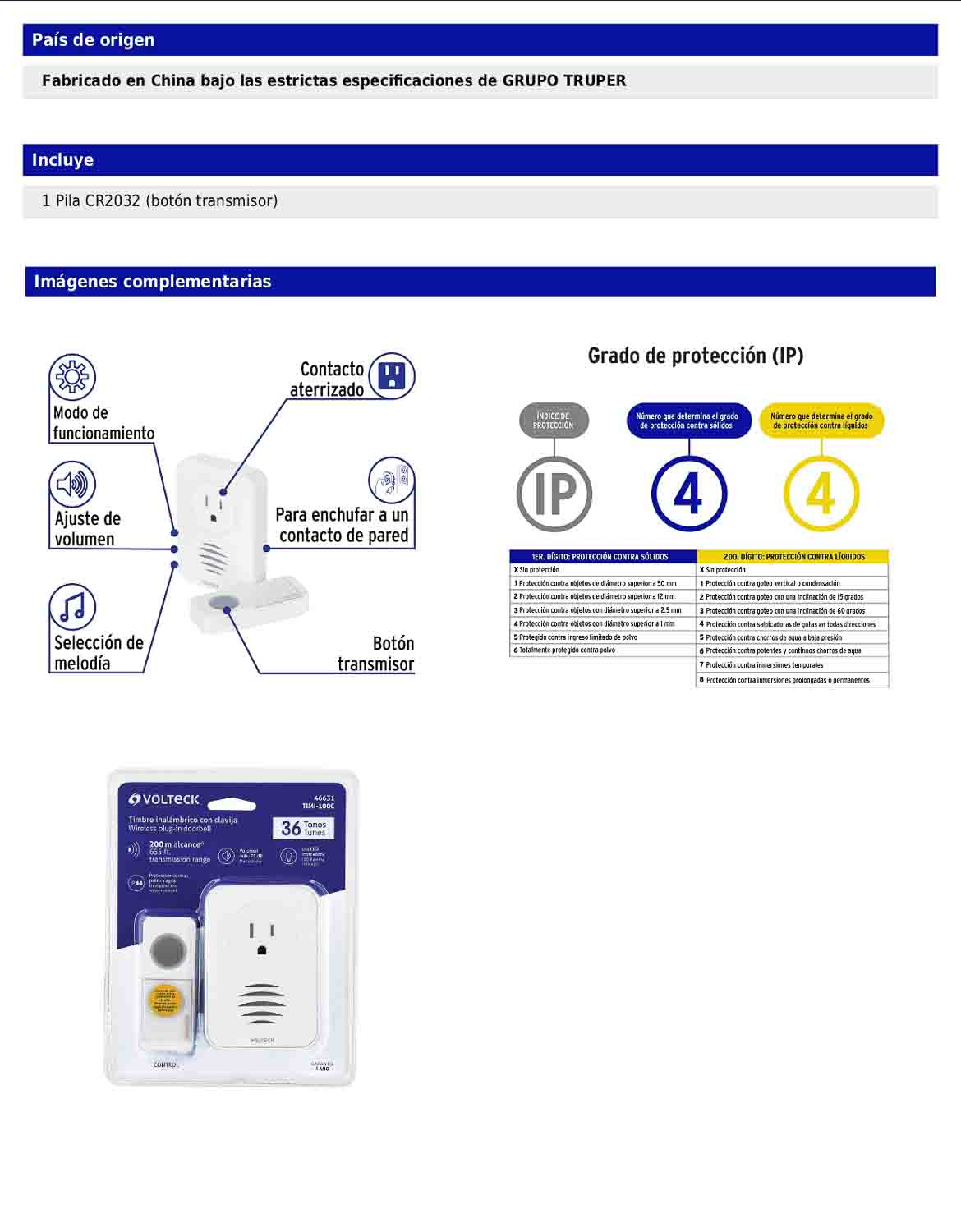 Timbre inalámbrico con receptor para enchufar de 127 V con volumen ajustable