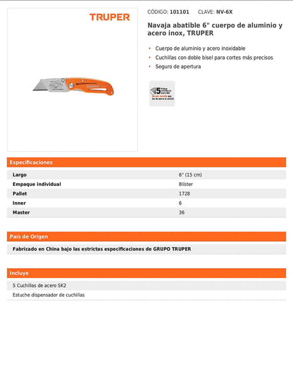 Navaja abatible 6" con cuerpo de aluminio y acero inoxidable