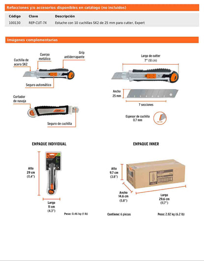 Cutter de 25 mm para trabajo pesado con alma metálica y grip