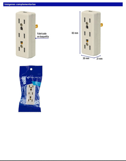 Multicontacto triple de 127 V y 15 A de 2 polos con diseño para clavija de 3 espigas