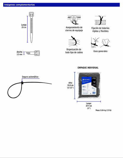 Bolsa con 1000 cinchos plásticos 40 lb 200 x 3.5 mm negro