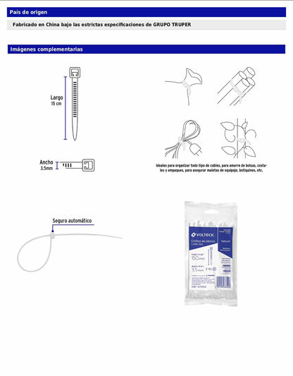 Bolsa con 50 cinchos plásticos 40 lb 150 x 3.5 mm natural