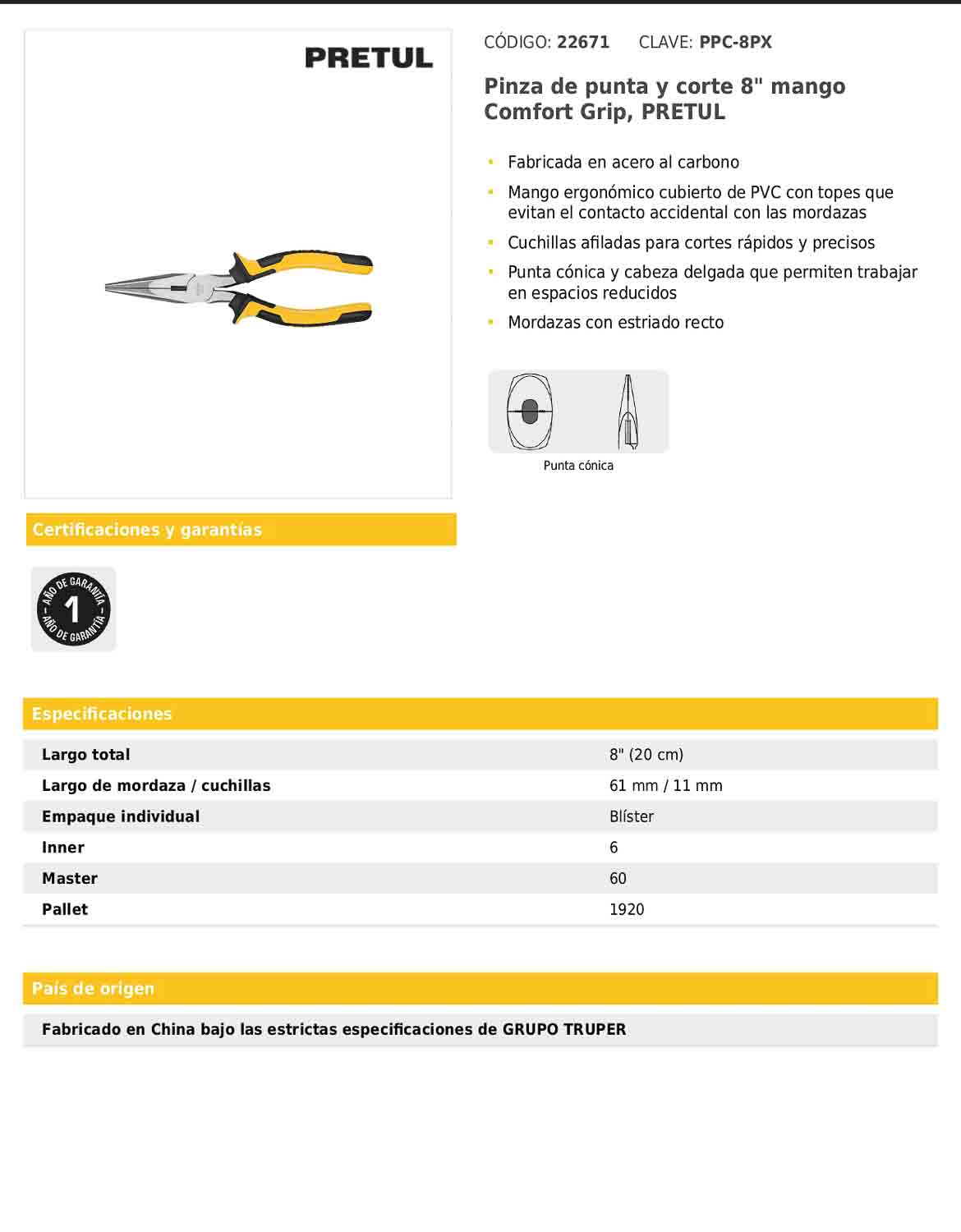 Pinza de punta y corte de 20 cm con mango Comfort Grip