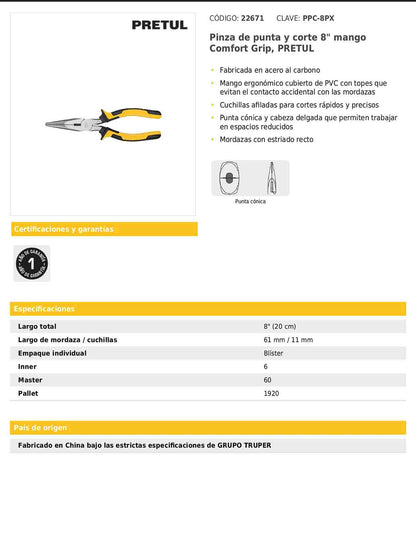Pinza de punta y corte de 20 cm con mango Comfort Grip