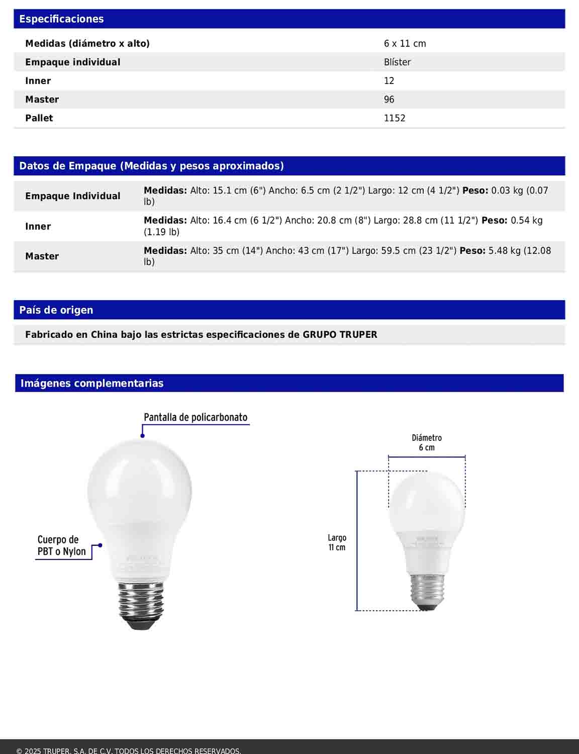 Foco LED 6W A19 6500K blanca fría 440 lm