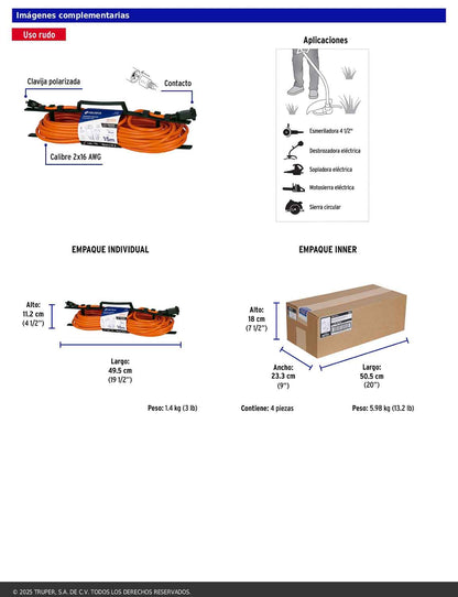 Extensión eléctrica de uso rudo de 15 m con calibre 2x16 AWG para una clavija