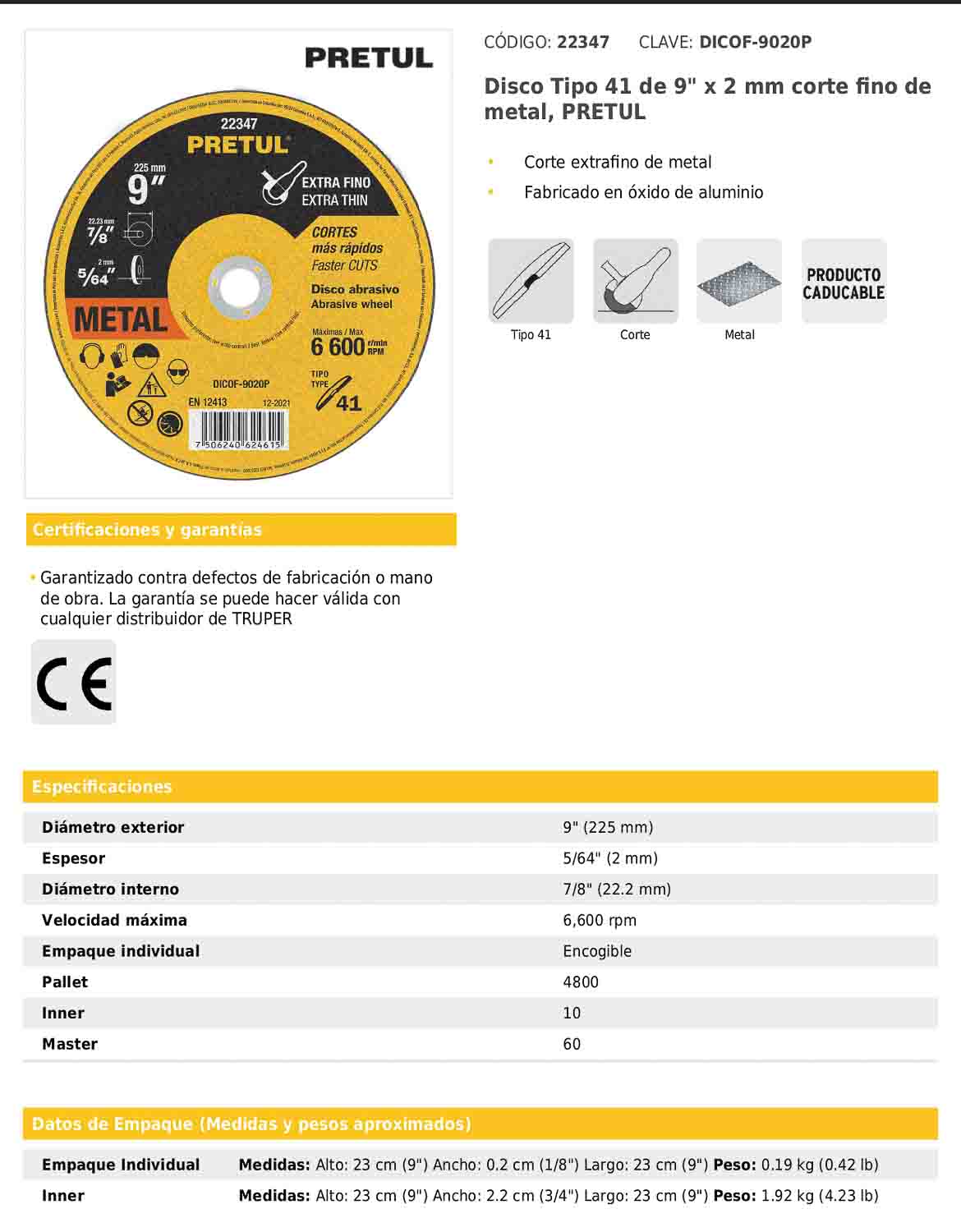 Disco de corte fino para metal de 9 pulgadas con espesor de 2 mm