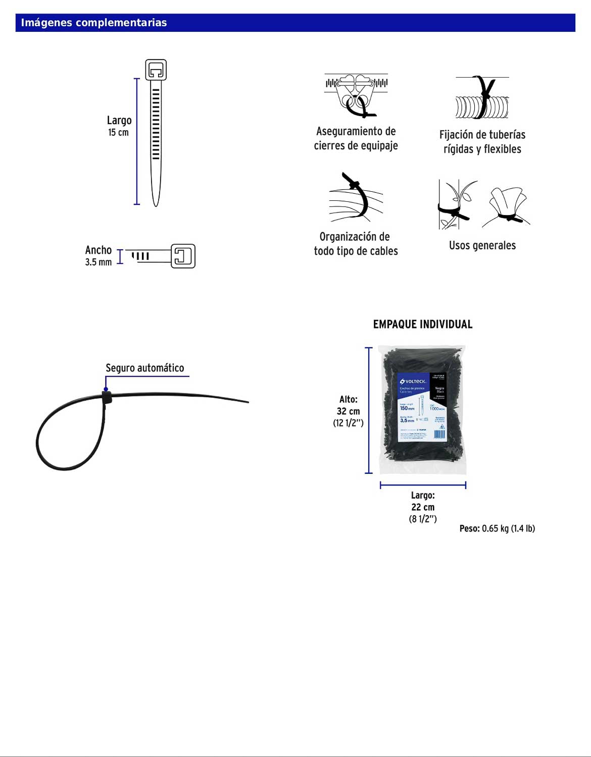 Bolsa con 1000 cinchos plásticos 40 lb 150 x 3.5 mm negro