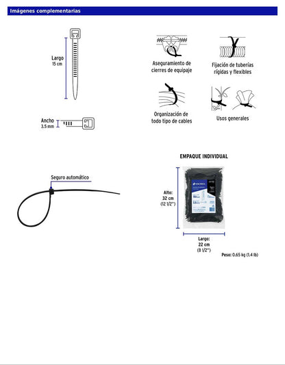 Bolsa con 1000 cinchos plásticos 40 lb 150 x 3.5 mm negro