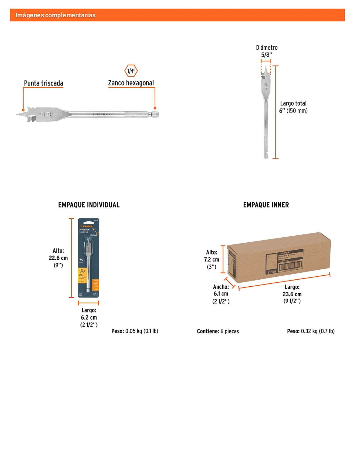 Broca plana de manita 5/8" para madera