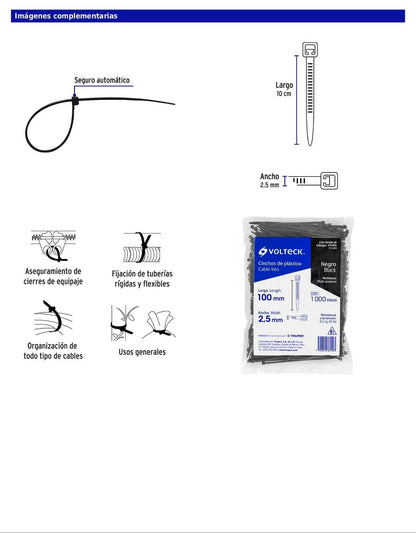 Bolsa con 1000 cinchos plásticos 18 lb de 100 x 2.5 mm negro