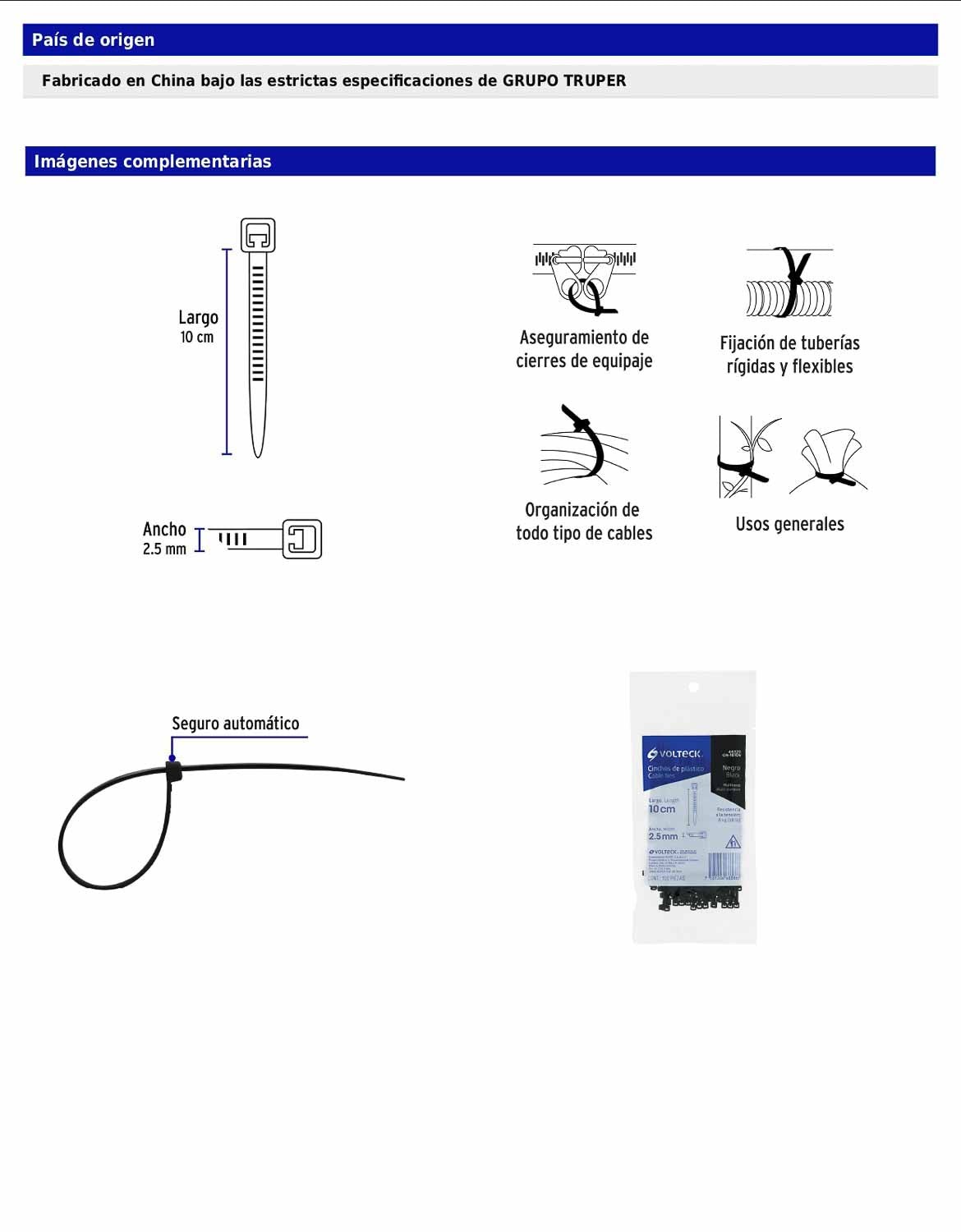 Bolsa con 100 cinchos plásticos 18 lb 100 x 2.5 mm negro