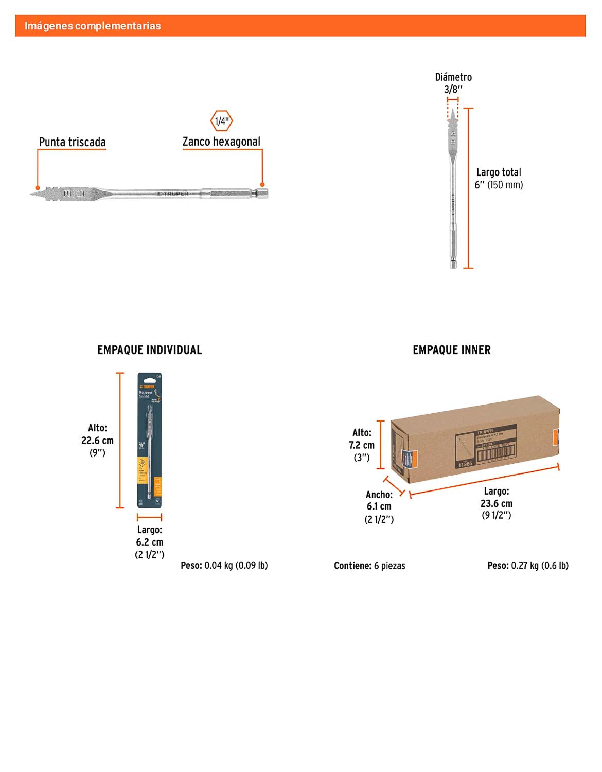 Broca plana de manita 3/8" para madera