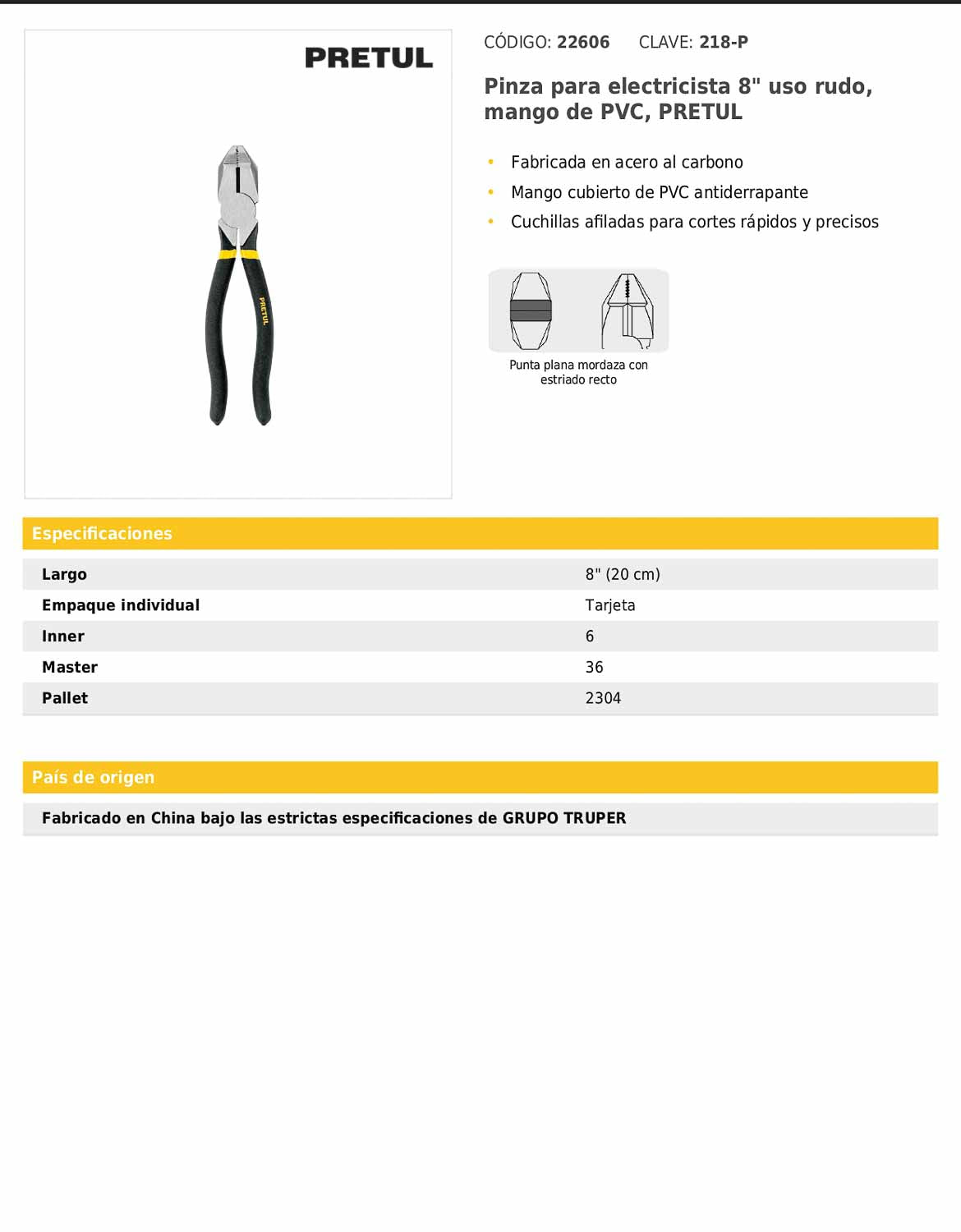 Pinza para electricista de 20 cm uso rudo con mango de PVC