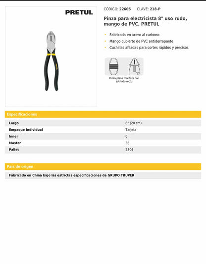Pinza para electricista de 20 cm uso rudo con mango de PVC