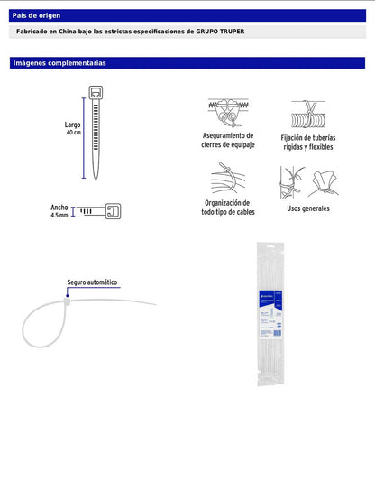 Bolsa con 25 cinchos plásticos de 50 lb de 40 cm de largo y 4.5 mm de ancho en color natural