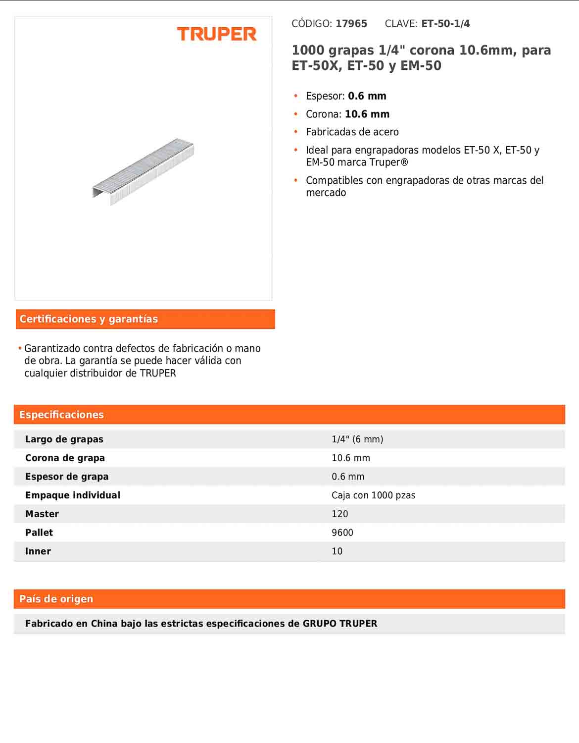 Grapas de 1/4 pulgadas con corona de 10.6 mm para engrapadoras tipo pistola y martillo