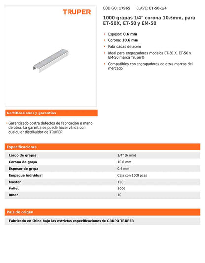 Grapas de 1/4 pulgadas con corona de 10.6 mm para engrapadoras tipo pistola y martillo