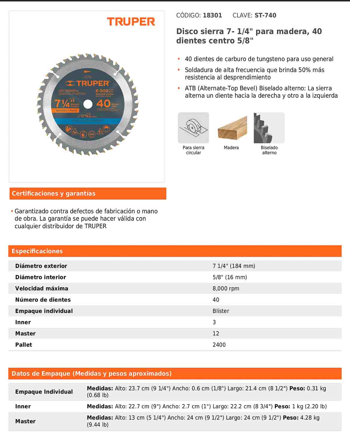 Disco de sierra de 7 1/4 pulgadas con 40 dientes de carburo y centro de 5/8 pulgadas
