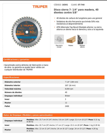 Disco de sierra de 7 1/4 pulgadas con 40 dientes de carburo y centro de 5/8 pulgadas
