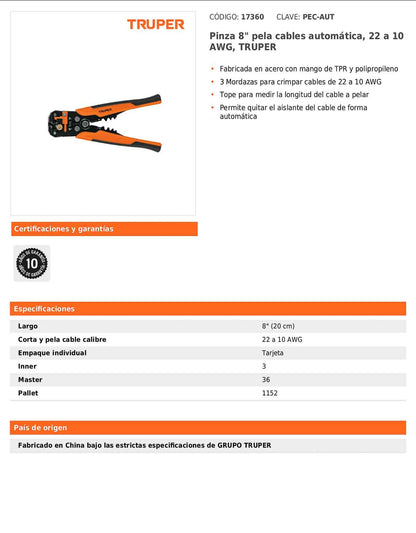 Pinza automática para pelar cables de 8 pulgadas con mordazas para crimpar