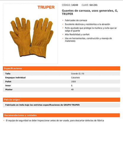 Guantes de carnaza para usos generales talla G TRUPER (GU-241)