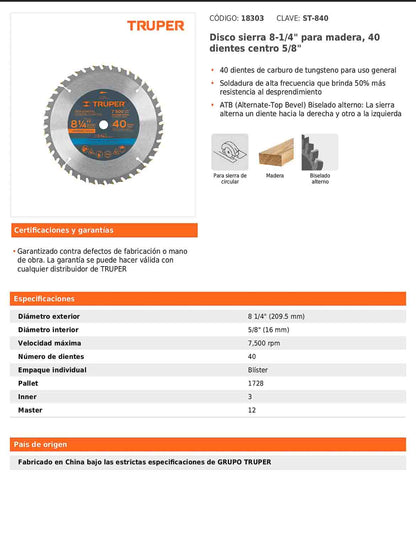 Disco de sierra de 8 1/4 pulgadas con 40 dientes de carburo y centro de 5/8 pulgadas