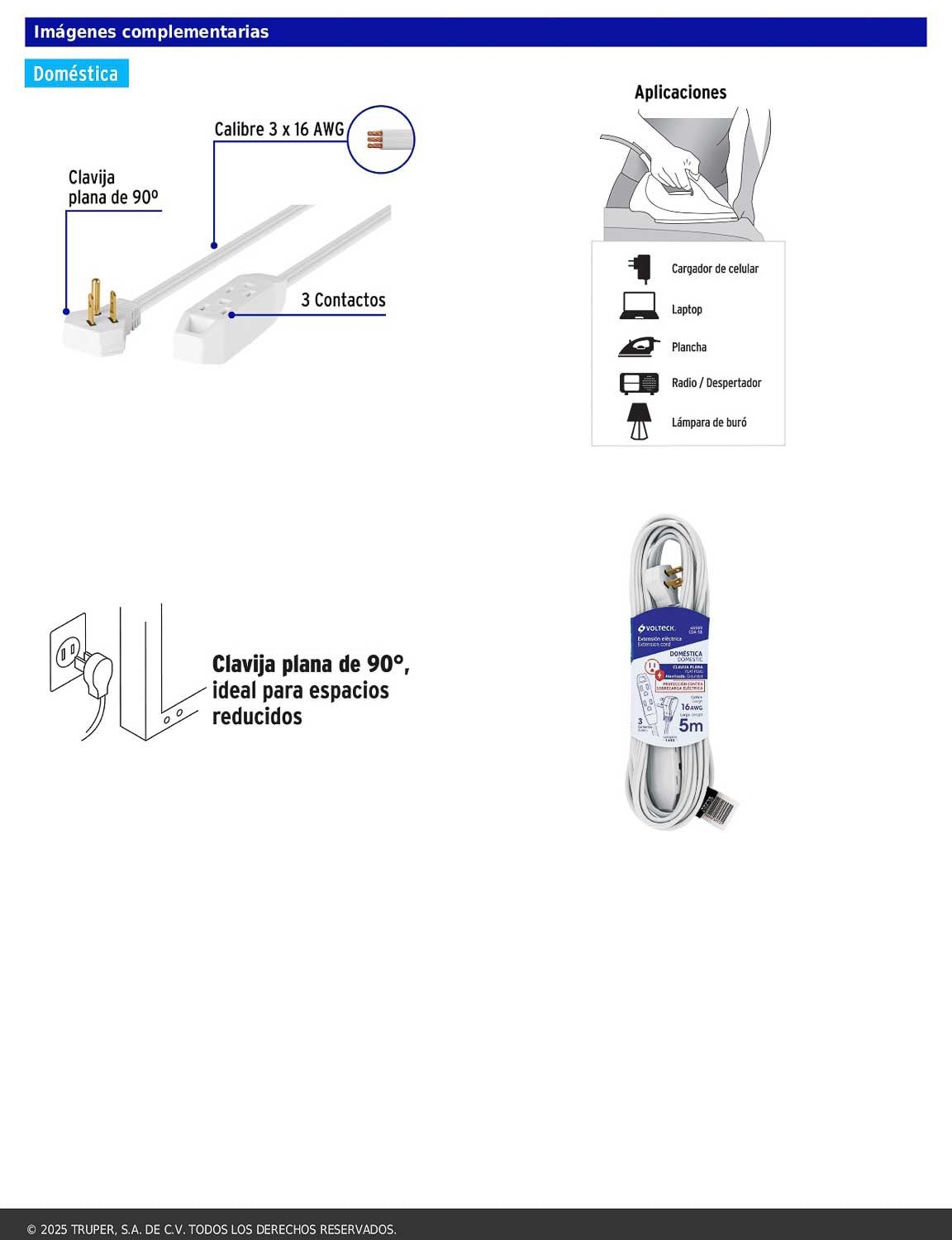 Extensión doméstica aterrizada de 5 m con clavija plana blanca