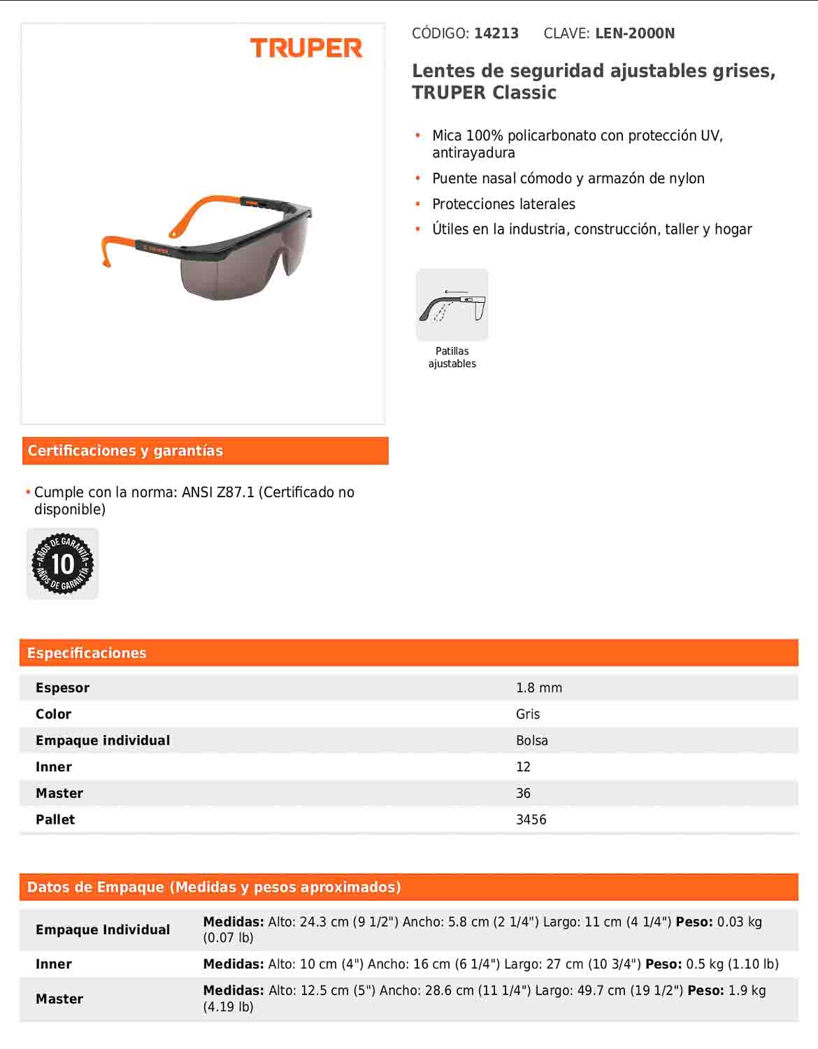 Lentes de seguridad ajustables grises TRUPER Classic (LEN-2000N)