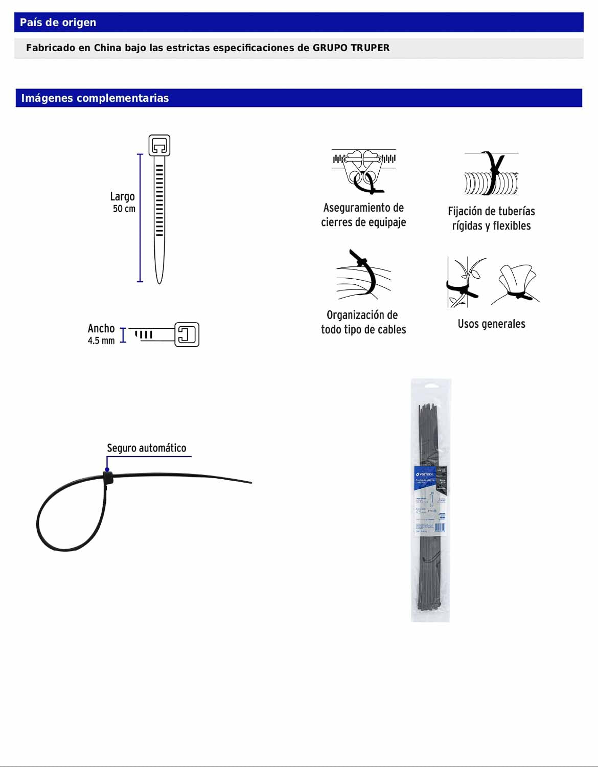 Bolsa con 25 cinchos plásticos de 50 lb de 50 cm de largo y 4.5 mm de ancho en color negro