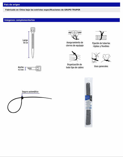 Bolsa con 25 cinchos plásticos de 50 lb de 50 cm de largo y 4.5 mm de ancho en color negro