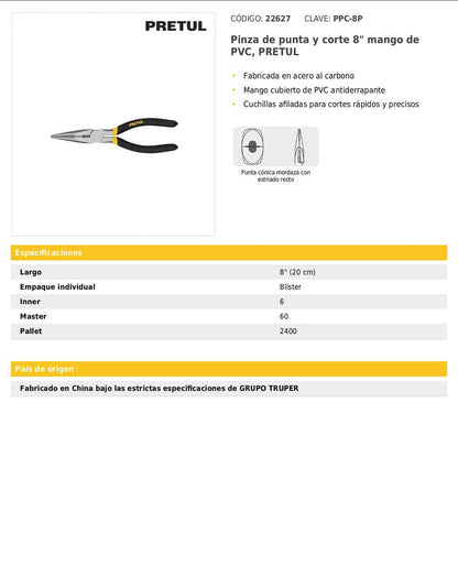 Pinza de punta y corte de 20 cm con mango de PVC