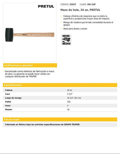 Mazo de hule de 24 oz con mango de madera